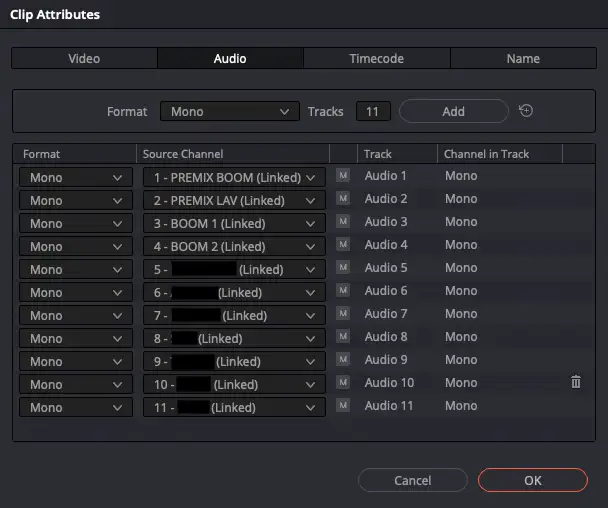 Atribuição de canais – Clip Attributes